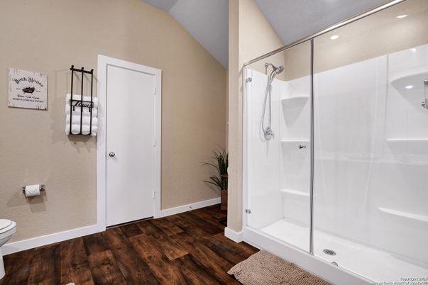 Bathroom, Glass Shower, Interior, Recessed Lighting, Wood Texture Flooring