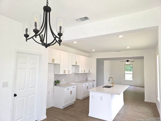 Chandelier, Interior, Kitchen, Recessed Lighting, Wood Texture Flooring