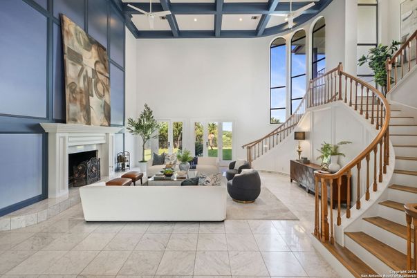 Fireplace, Interior, Living room, Marble, Recessed Lighting