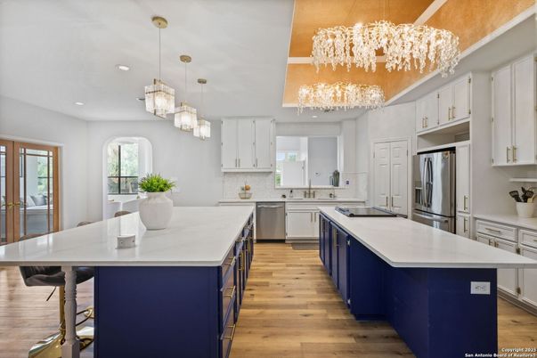 Chandelier, Interior, Kitchen, Pendant Lights, Recessed Lighting, Stainless Steel Appliances, Wood Texture Flooring