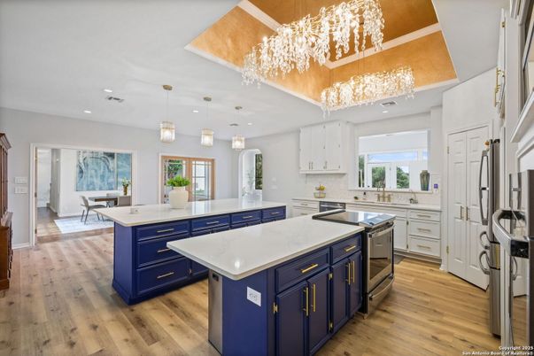 Chandelier, Interior, Kitchen, Pendant Lights, Recessed Lighting, Wood Texture Flooring