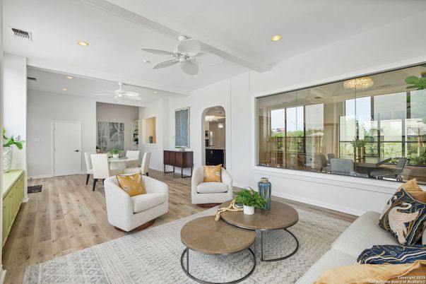 Dining room, Interior, Living room, Recessed Lighting, Wood Texture Flooring