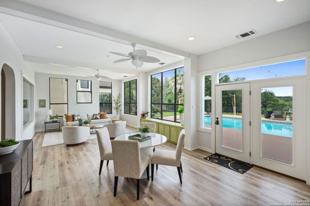 Dining room, Interior, Living room, Recessed Lighting, Wood Texture Flooring
