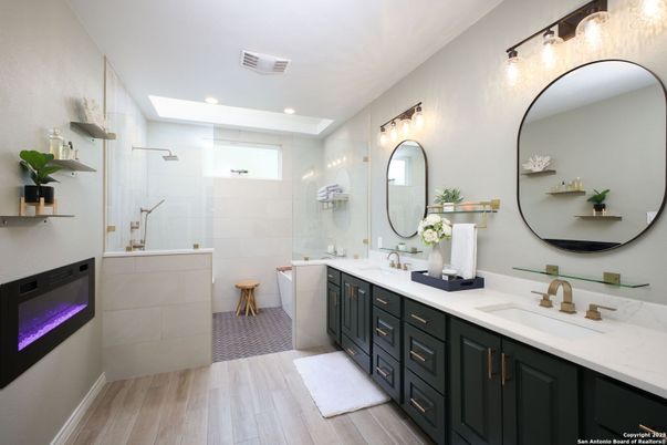 Bathroom, Dual Sink Vanities, Glass Shower, Interior, Recessed Lighting, Wood Texture Flooring