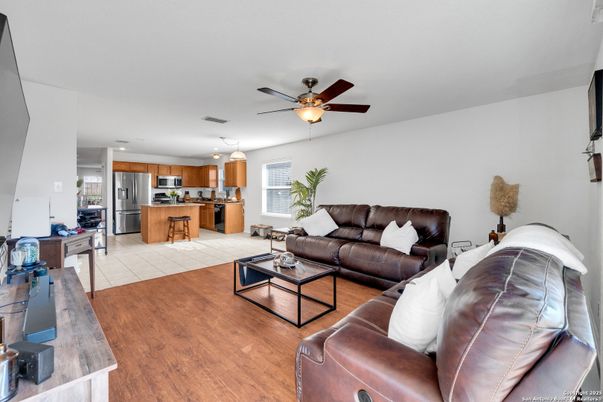 Interior, Kitchen, Living room, Recessed Lighting, Stainless Steel Appliances, Wood Texture Flooring