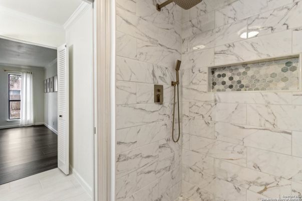 Bathroom, Interior, Marble Walls, Wood Texture Flooring
