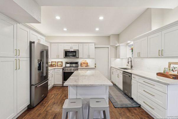 Interior, Kitchen, Recessed Lighting, Stainless Steel Appliances, Wood Texture Flooring