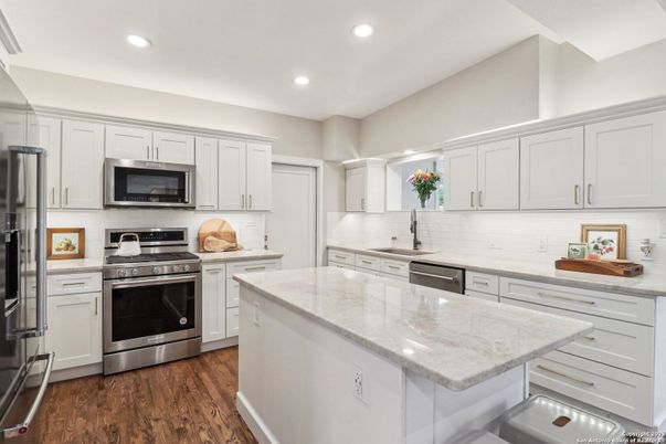 Interior, Kitchen, Recessed Lighting, Stainless Steel Appliances, Wood Texture Flooring