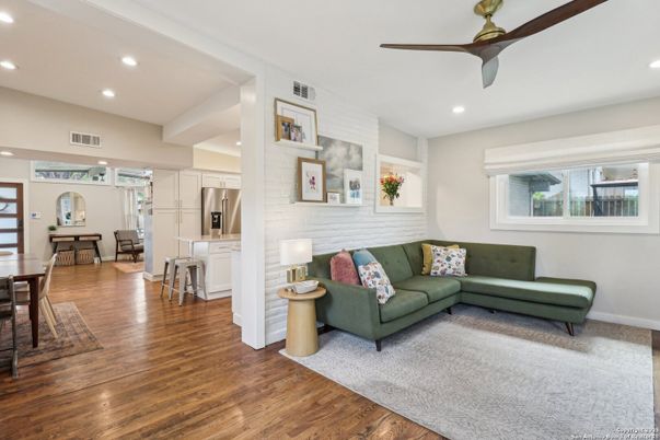 Dining room, Interior, Kitchen, Living room, Recessed Lighting, Stainless Steel Appliances, Wood Texture Flooring