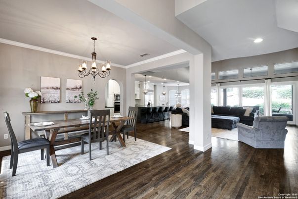 Chandelier, Dining room, Interior, Living room, Pendant Lights, Recessed Lighting, Wood Texture Flooring