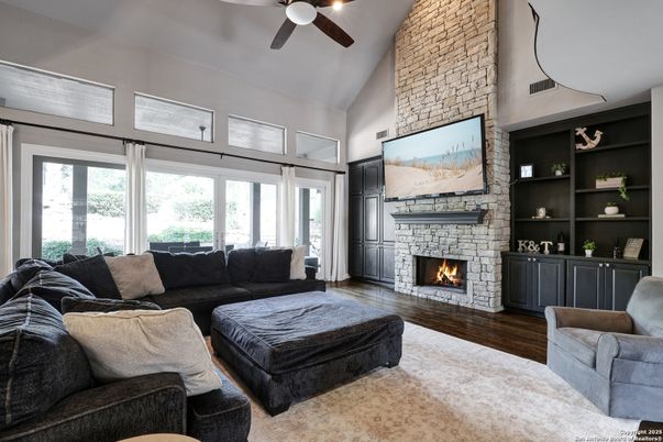 Fireplace, Interior, Living room, Stone Walls, Wood Texture Flooring