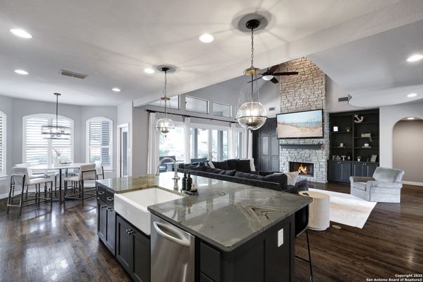 Dining room, Fireplace, Interior, Kitchen, Living room, Pendant Lights, Recessed Lighting, Wood Texture Flooring