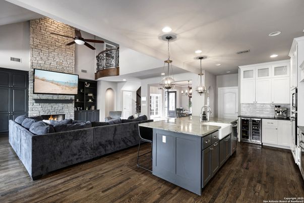 Fireplace, Interior, Kitchen, Living room, Pendant Lights, Recessed Lighting, Stone Walls, Wood Texture Flooring