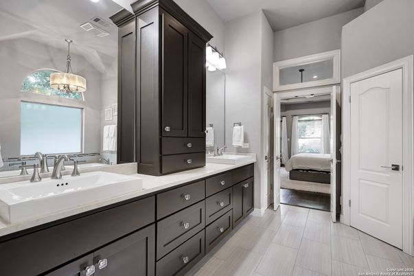 Bathroom, Bedroom, Dual Sink Vanities, Interior, Pendant Lights, Wood Texture Flooring