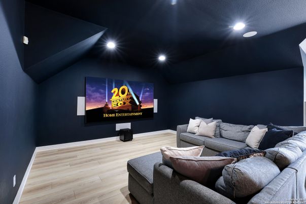 Interior, Projection Screen, Recessed Lighting, Theatre Room, Wood Texture Flooring