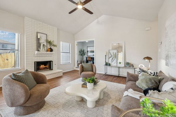 Fireplace, Interior, Living room, Stone Walls, Wood Texture Flooring