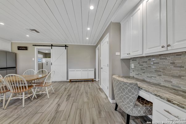 Dining room, Interior, Recessed Lighting, Wood Texture Flooring