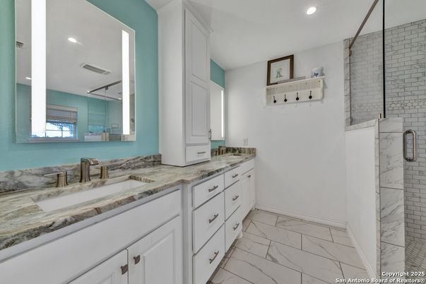 Bathroom, Dual Sink Vanities, Glass Shower, Interior, Marble, Recessed Lighting