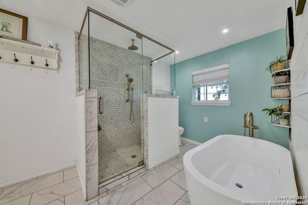 Bathroom, Free Standing Baths, Glass Shower, Interior, Marble, Recessed Lighting