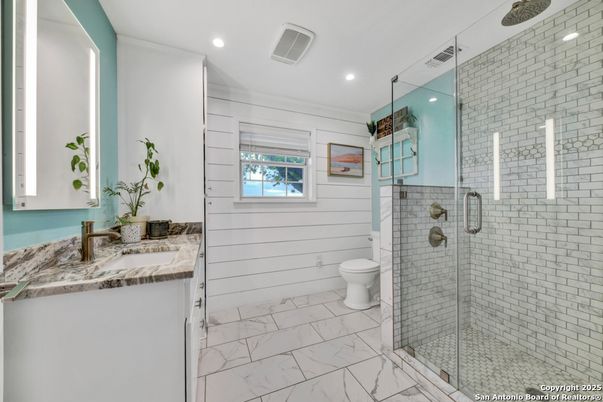 Bathroom, Glass Shower, Interior, Marble, Recessed Lighting