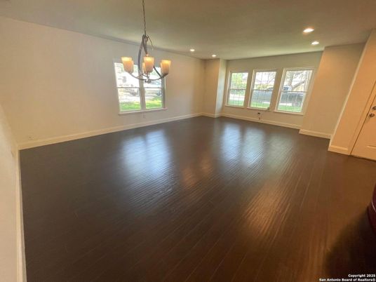 Chandelier, Empty room, Interior, Recessed Lighting, Wood Texture Flooring