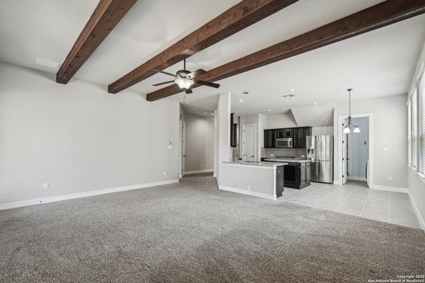 Empty room, Interior, Kitchen, Pendant Lights, Recessed Lighting, Stainless Steel Appliances, Wooden Beams