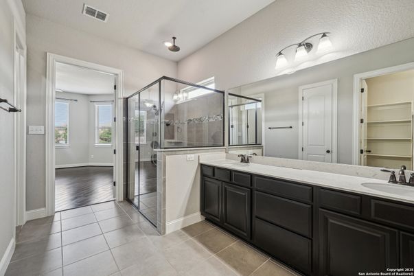 Bathroom, Dual Sink Vanities, Glass Shower, Interior, Wood Texture Flooring