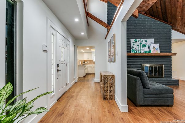 Fireplace, Interior, Recessed Lighting, Wood Texture Flooring