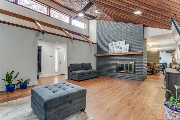 Dining room, Fireplace, Interior, Stone Walls, Wooden Beams, Wooden Ceilings, Wood Texture Flooring