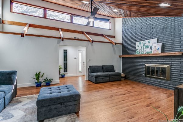 Fireplace, Interior, Recessed Lighting, Wooden Ceilings, Wood Texture Flooring