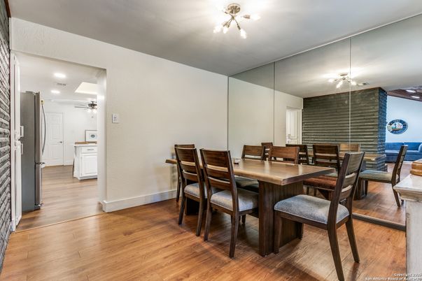 Dining room, Interior, Recessed Lighting, Wood Texture Flooring