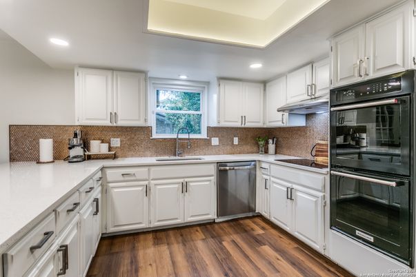 Interior, Kitchen, Recessed Lighting, Stainless Steel Appliances, Wood Texture Flooring