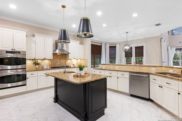 Interior, Kitchen, Marble, Pendant Lights, Recessed Lighting, Stainless Steel Appliances