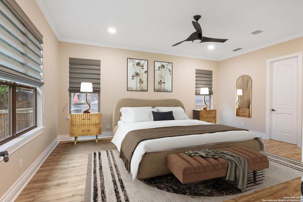 Bedroom, Interior, Recessed Lighting, Wood Texture Flooring