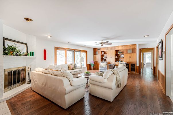 Fireplace, Interior, Kitchen, Living room, Recessed Lighting, Wood Texture Flooring