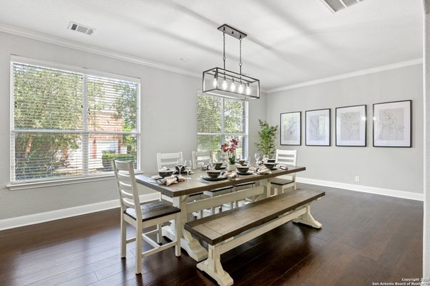 Dining room, Interior, Pendant Lights, Wood Texture Flooring