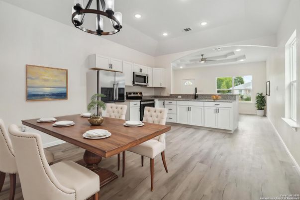 Dining room, Interior, Kitchen, Pendant Lights, Recessed Lighting, Stainless Steel Appliances, Wood Texture Flooring