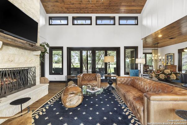 Chandelier, Dining room, Fireplace, Interior, Living room, Wooden Ceilings, Wood Texture Flooring