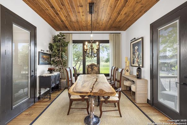 Chandelier, Dining room, Interior, Wooden Ceilings, Wood Texture Flooring