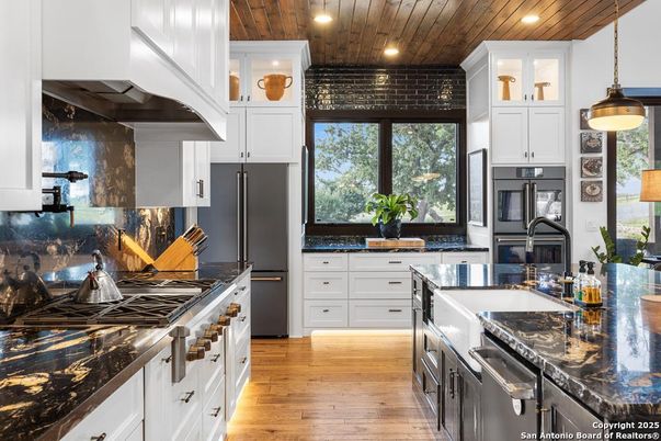 Interior, Kitchen, Pendant Lights, Recessed Lighting, Stainless Steel Appliances, Wooden Ceilings, Wood Texture Flooring