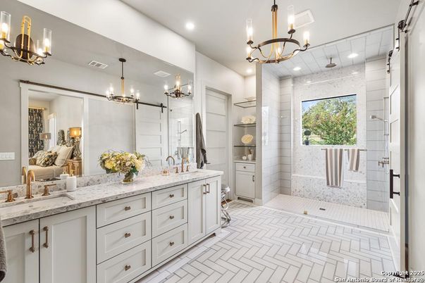 Bathroom, Chandelier, Dual Sink Vanities, Glass Shower, Interior, Recessed Lighting