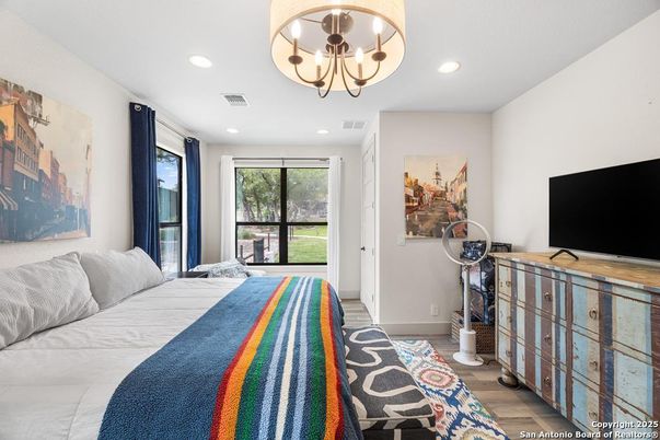 Bedroom, Chandelier, Interior, Recessed Lighting, Wood Texture Flooring