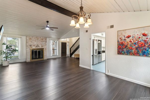 Chandelier, Empty room, Fireplace, Interior, Pendant Lights, Wood Texture Flooring
