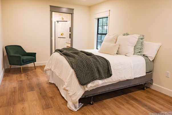 Bedroom, Interior, Recessed Lighting, Wood Texture Flooring