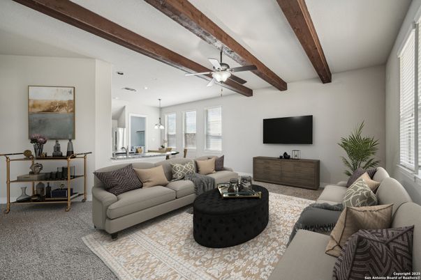 Interior, Living room, Pendant Lights, Recessed Lighting, Wooden Beams