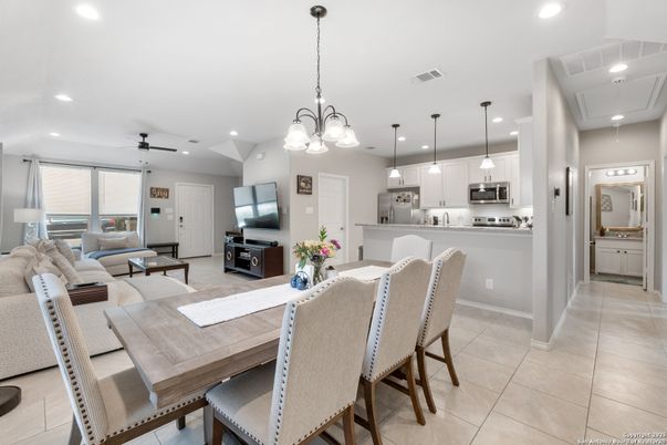Chandelier, Dining room, Interior, Kitchen, Living room, Pendant Lights, Recessed Lighting, Stainless Steel Appliances