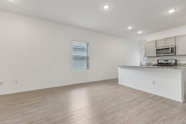 Empty room, Interior, Kitchen, Recessed Lighting, Stainless Steel Appliances, Wood Texture Flooring