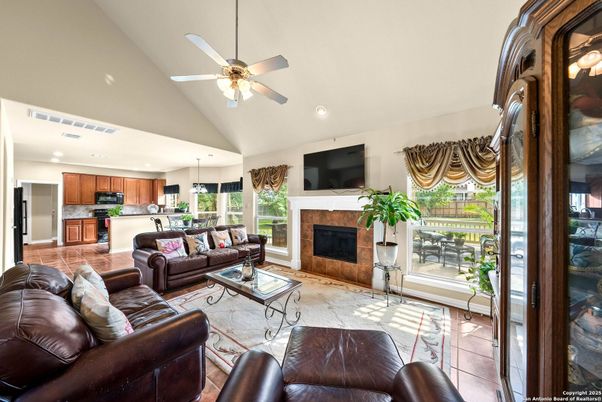 Fireplace, Interior, Kitchen, Living room, Recessed Lighting, Stainless Steel Appliances