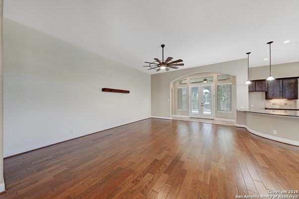 Empty room, Interior, Kitchen, Pendant Lights, Recessed Lighting, Wood Texture Flooring