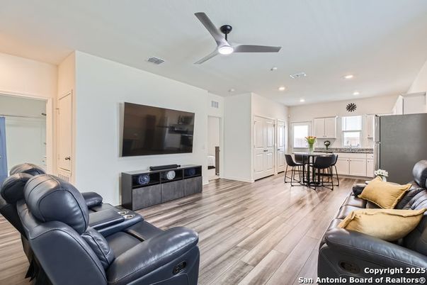 Home Theatre Room, Dining room, Interior, Kitchen, Living room, Recessed Lighting, Wood Texture Flooring